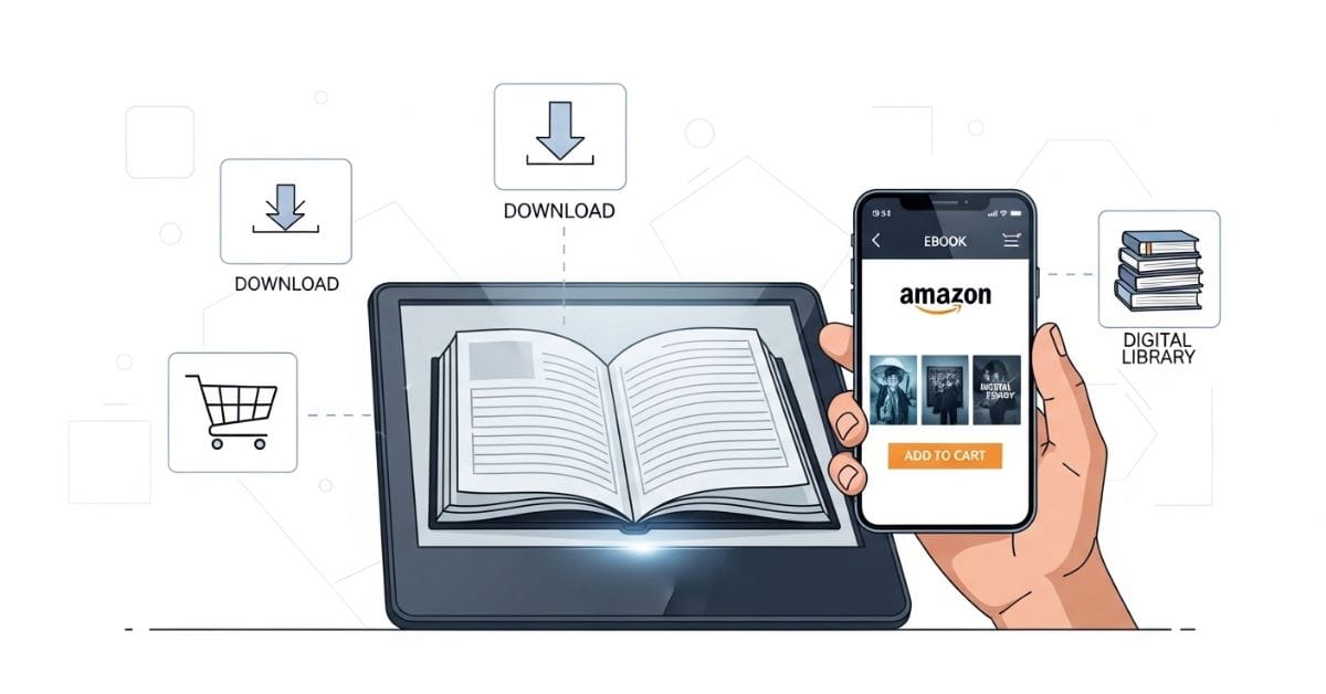 Ilustração mostrando como comprar livros no Kindle pela Amazon e baixar ebooks no leitor digital