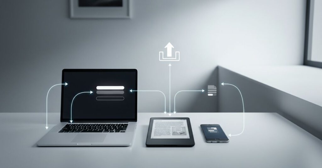 Ilustração mostrando como enviar livros para Kindle usando email, aplicativo Send to Kindle e computador