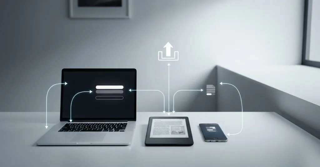 Ilustração mostrando como enviar livros para Kindle usando email, aplicativo Send to Kindle e computador