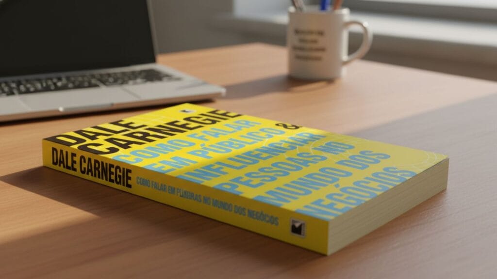 Livro “Como Falar em Público e Influenciar Pessoas no Mundo dos Negócios” de Dale Carnegie apoiado sobre uma mesa, representando desenvolvimento profissional, comunicação e leitura focada em negócios.