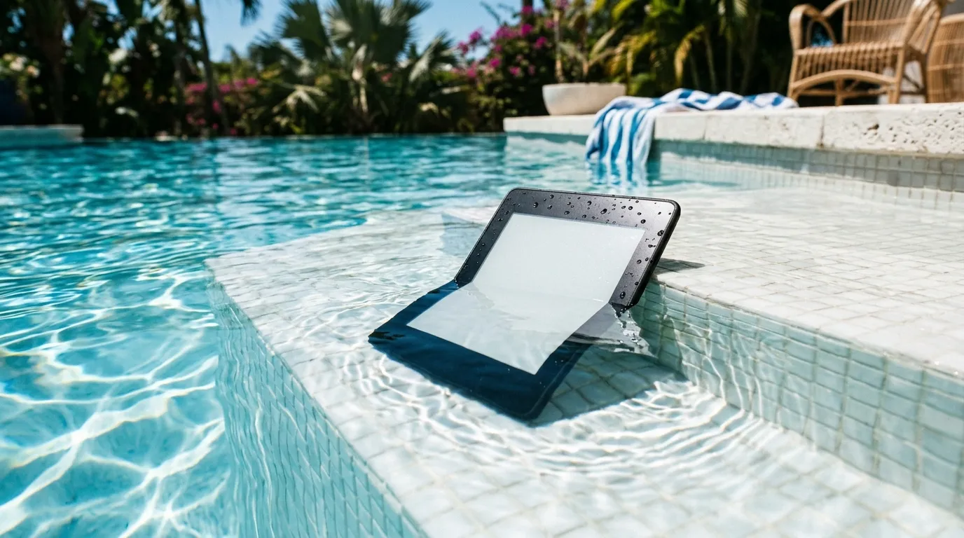Kindle Paperwhite na beira da piscina com gotas de água — modelos à prova d'água com certificação IPX8 em 2026.