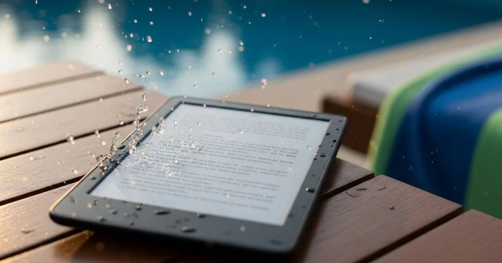 Kindle sendo usado perto da piscina mostrando leitura em tela, exemplo de modelo resistente à água como Kindle Paperwhite.