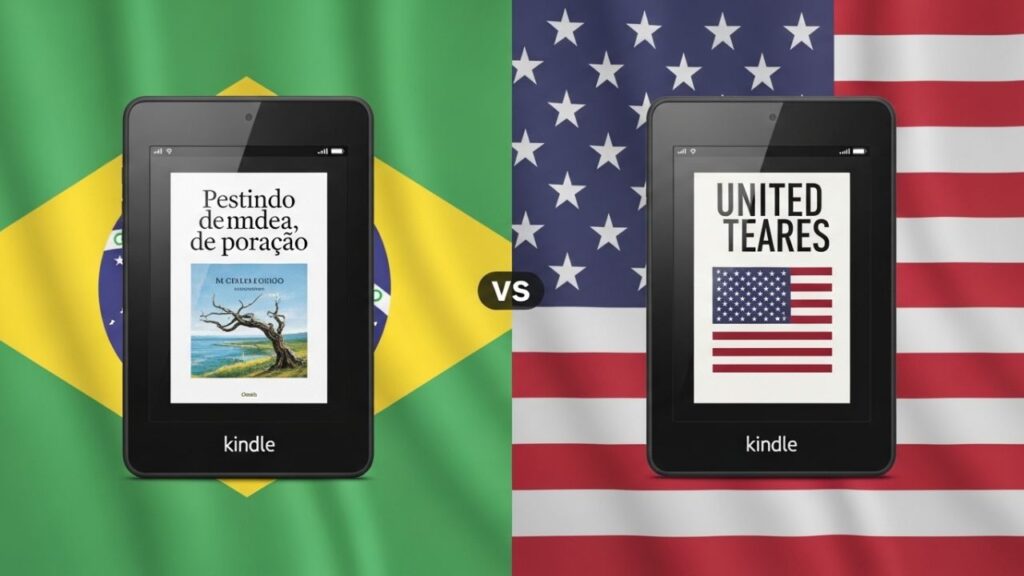 Comparação Kindle Unlimited Brasil vs EUA mostrando Kindle com livro em português e em inglês lado a lado