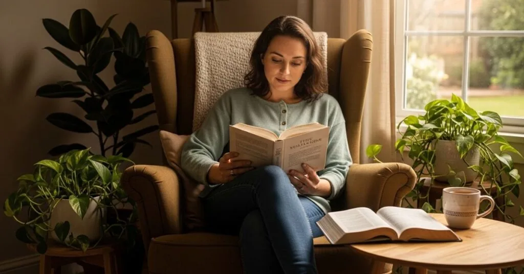 Pessoa lendo livros cristãos em ambiente tranquilo e acolhedor, transmitindo paz, reflexão e fortalecimento da fé.