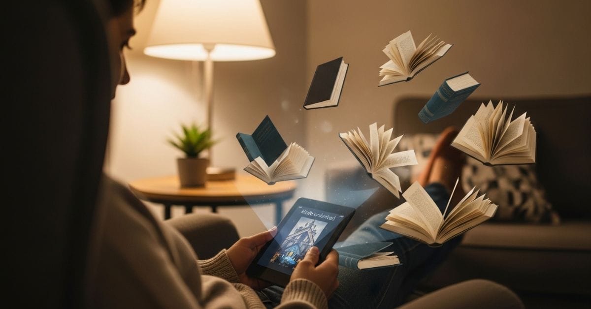 Ilustração de pessoa lendo ebook em um Kindle com biblioteca digital ao fundo, representando o catálogo de livros do Kindle Unlimited.