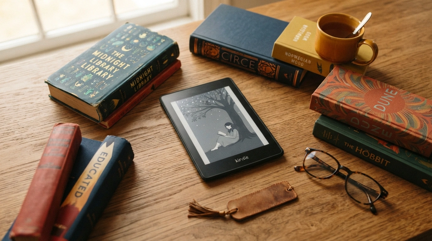 Kindle rodeado de livros coloridos sobre mesa de madeira — os 10 melhores livros para ler no Kindle Unlimited em 2026 com resenhas completas.