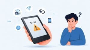 Ilustração de um e-reader tipo Kindle mostrando mensagem de erro na tela, com ícones de Wi-Fi falhando, bateria fraca e sincronização, representando problemas comuns no Kindle.
