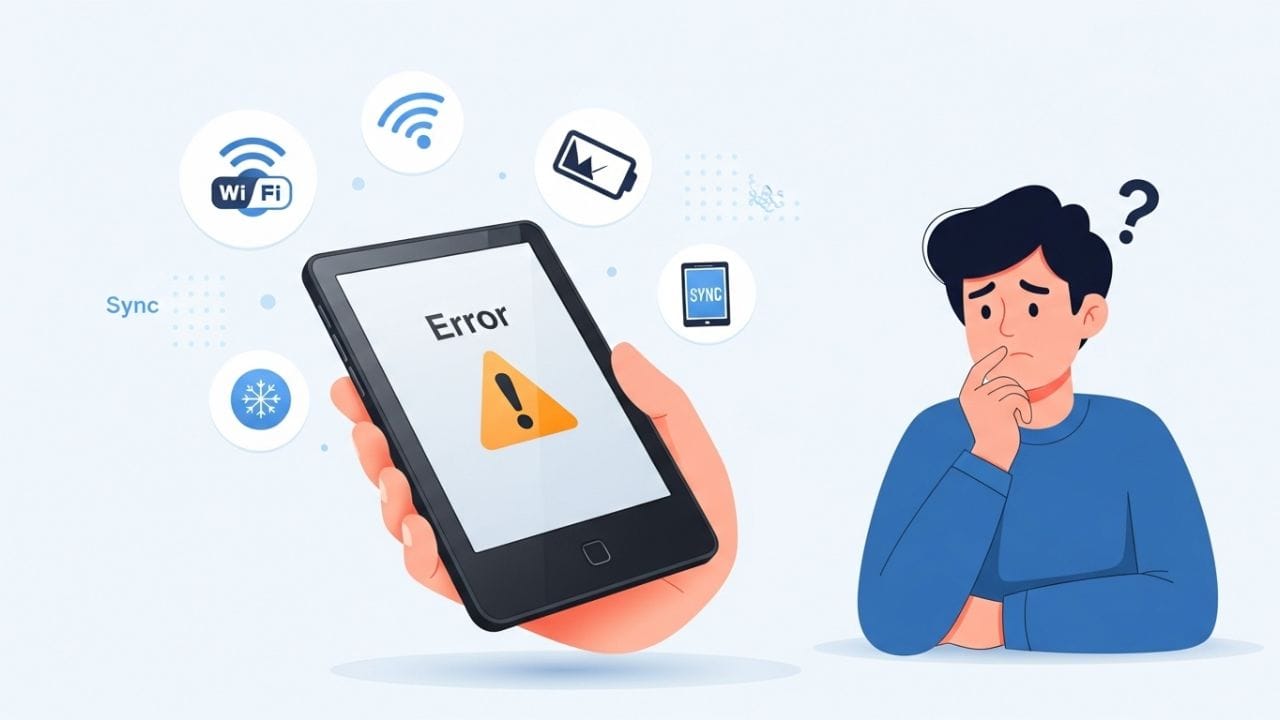 Ilustração de um e-reader tipo Kindle mostrando mensagem de erro na tela, com ícones de Wi-Fi falhando, bateria fraca e sincronização, representando problemas comuns no Kindle.