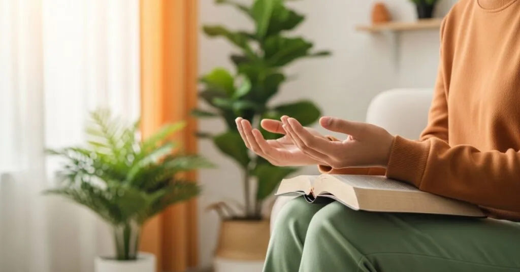 Pessoa cristã em oração segurando a Bíblia em ambiente tranquilo e acolhedor, transmitindo paz, fé e serenidade, ilustrando como vencer ansiedade e conflitos emocionais com Deus.