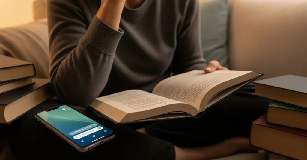 Leitura no Kindle Paperwhite em ambiente aconchegante, destacando conforto, foco e praticidade em relação ao celular