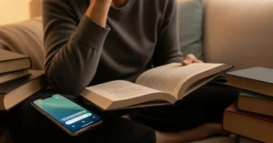 Leitura no Kindle Paperwhite em ambiente aconchegante, destacando conforto, foco e praticidade em relação ao celular