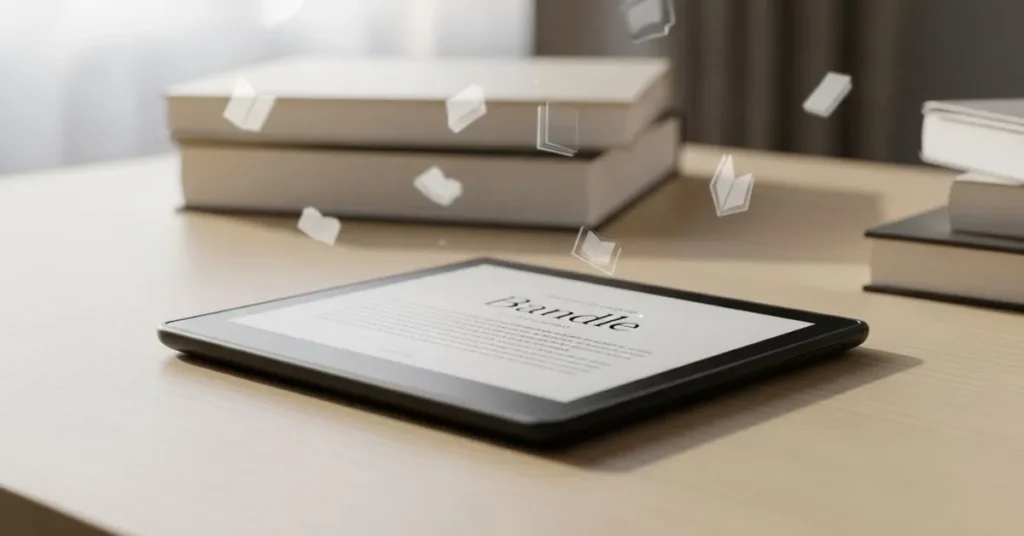 Kindle sobre mesa minimalista exibindo eBook aberto na tela, com livros físicos ao fundo desfocados, representando leitura digital e acesso a conteúdos no dispositivo.