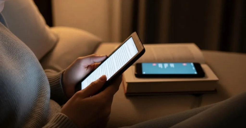 Pessoa lendo em um Kindle Paperwhite com foco e conforto, mostrando leitura sem distrações em comparação ao celular e livro físico