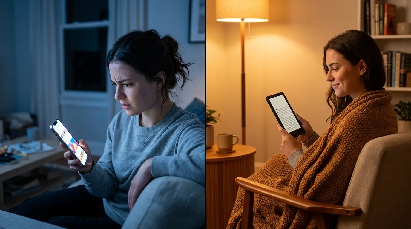 Pessoa lendo com foco no Kindle Paperwhite em ambiente aconchegante — análise completa se o Kindle vale a pena comprar em 2026.