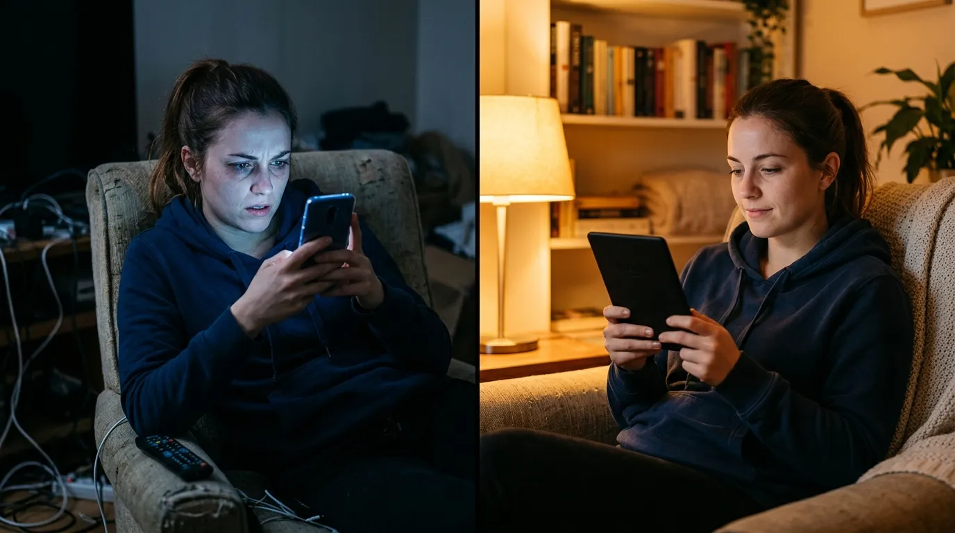 Pessoa distraída com celular ao lado de livro esquecido no sofá — por que você não consegue ler mais e como resolver de forma simples
