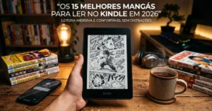 Kindle Paperwhite exibindo páginas de mangá em uma mesa aconchegante com volumes de mangá ao fundo, destacando leitura imersiva e confortável longe das distrações do celular.