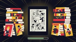 Kindle exibindo página de mangá rodeado de volumes empilhados representando grande capacidade de armazenamento — ilustração do artigo Kindle 16GB aguenta mangá do Seu Universo de Leitura.