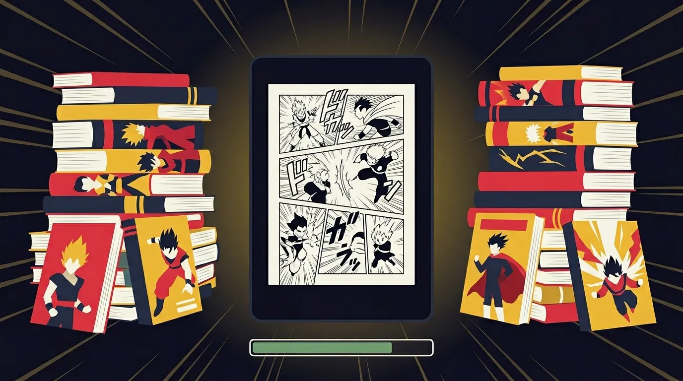 Kindle exibindo página de mangá rodeado de volumes empilhados representando grande capacidade de armazenamento — ilustração do artigo Kindle 16GB aguenta mangá do Seu Universo de Leitura.