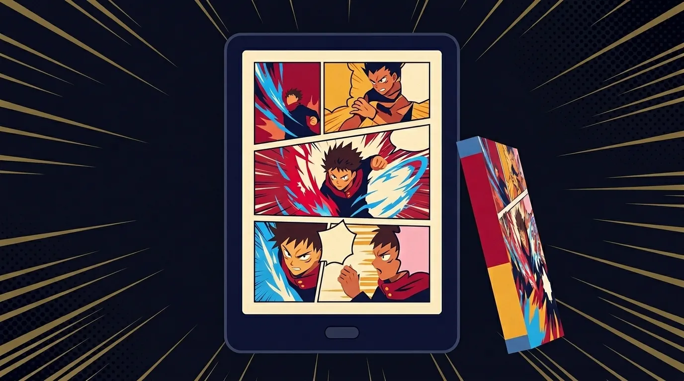 Kindle Colorsoft exibindo página de mangá colorido com painéis de ação vibrantes, ao lado de volume físico shounen, sobre fundo escuro — ilustração para o artigo Kindle Colorsoft para mangá do Seu Universo de Leitura.