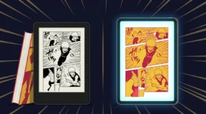 Kindle e-reader ao lado de tablet exibindo página de mangá, comparando as duas opções para leitura — ilustração do artigo Kindle ou tablet para mangá do Seu Universo de Leitura.