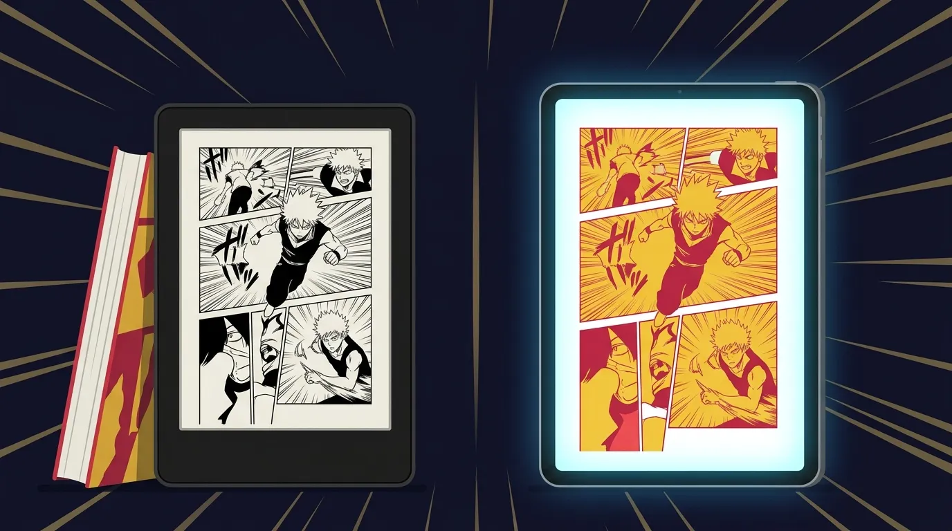 Kindle e-reader ao lado de tablet exibindo página de mangá, comparando as duas opções para leitura — ilustração do artigo Kindle ou tablet para mangá do Seu Universo de Leitura.