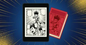 Kindle exibindo página de mangá com painéis de ação e personagem shounen, ao lado de volume físico vermelho, sobre fundo escuro com linhas de velocidade — ilustração do guia Kindle para mangá do Seu Universo de Leitura.