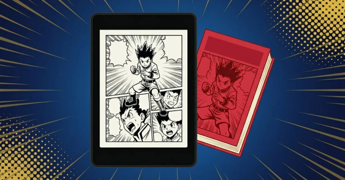 Kindle exibindo página de mangá com painéis de ação e personagem shounen, ao lado de volume físico vermelho, sobre fundo escuro com linhas de velocidade — ilustração do guia Kindle para mangá do Seu Universo de Leitura.