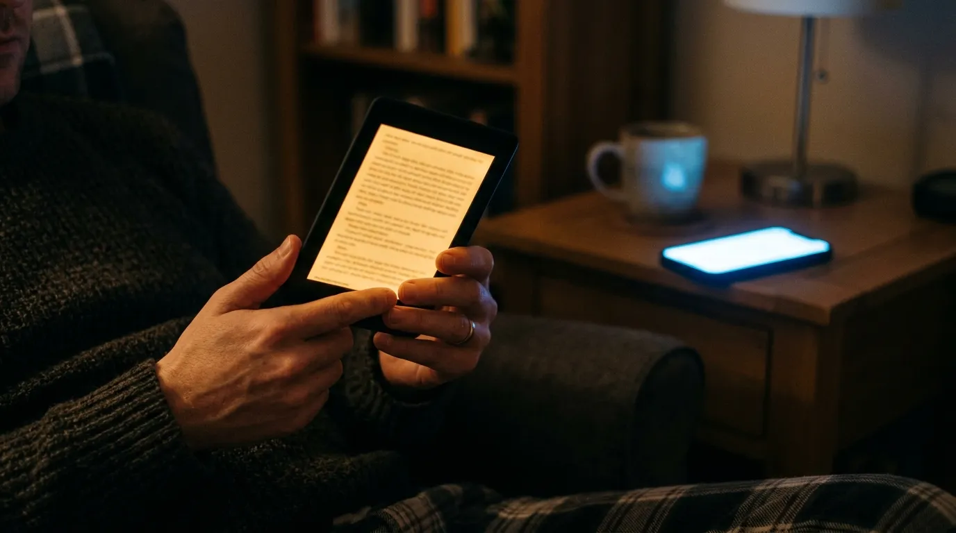 Kindle com luz quente âmbar ao lado de smartphone com luz fria azul — comparativo de impacto visual na leitura noturna.