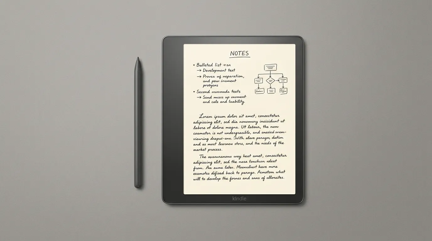 Kindle Scribe 32GB com caneta e tela e-ink mostrando anotações manuscritas e luz frontal ativa