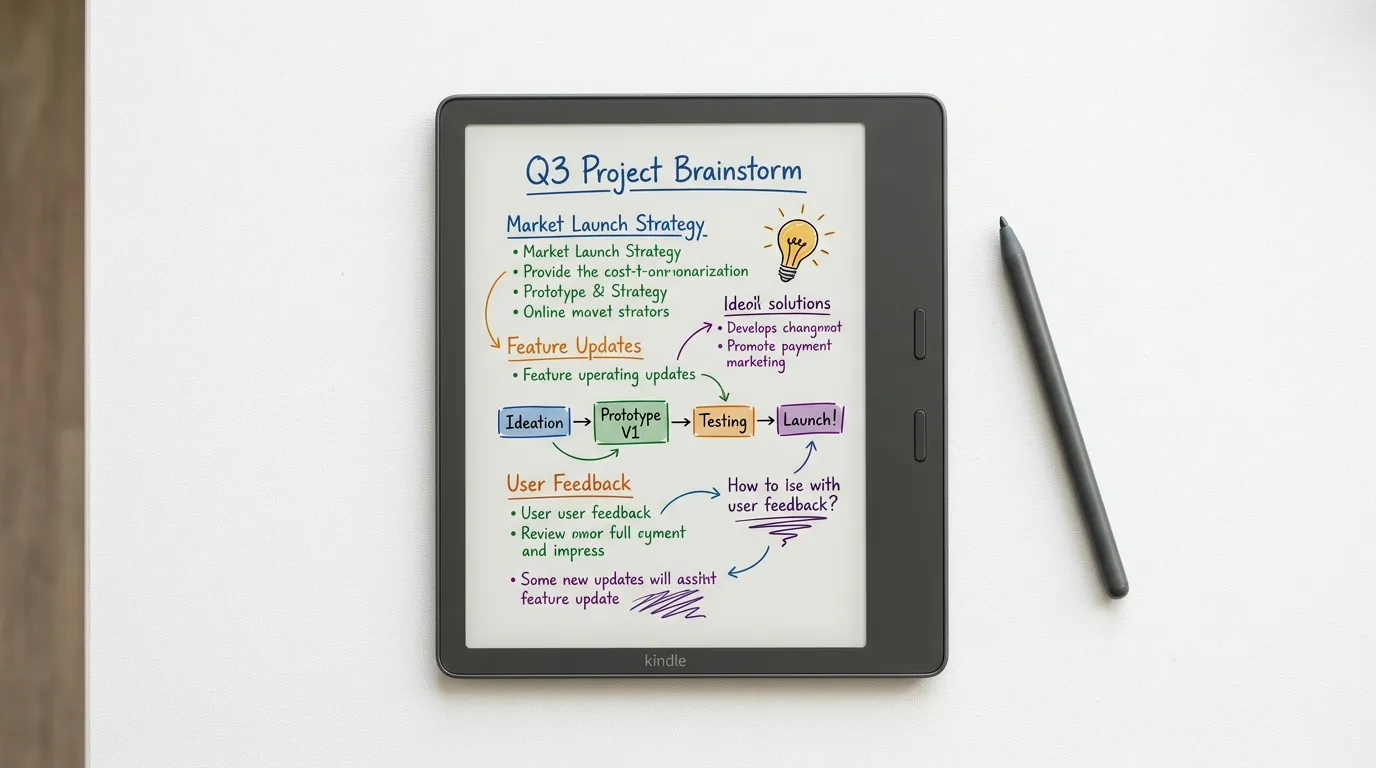 Kindle Scribe Colorsoft com caneta mostrando anotações coloridas na tela e-ink de 11 polegadas