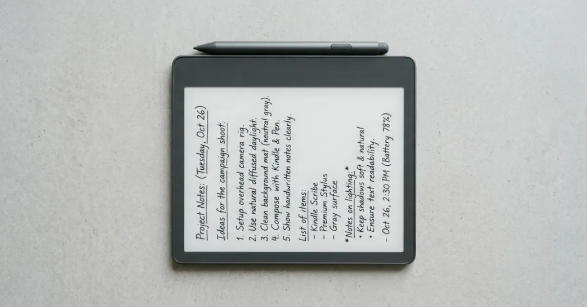 Kindle Scribe com caneta sobre superfície clara mostrando anotações manuscritas na tela e-ink de 11 polegadas