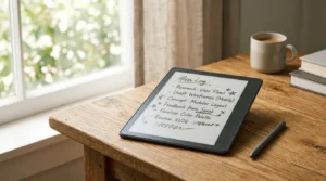 Kindle Scribe sem luz frontal sobre mesa iluminada com luz natural — review