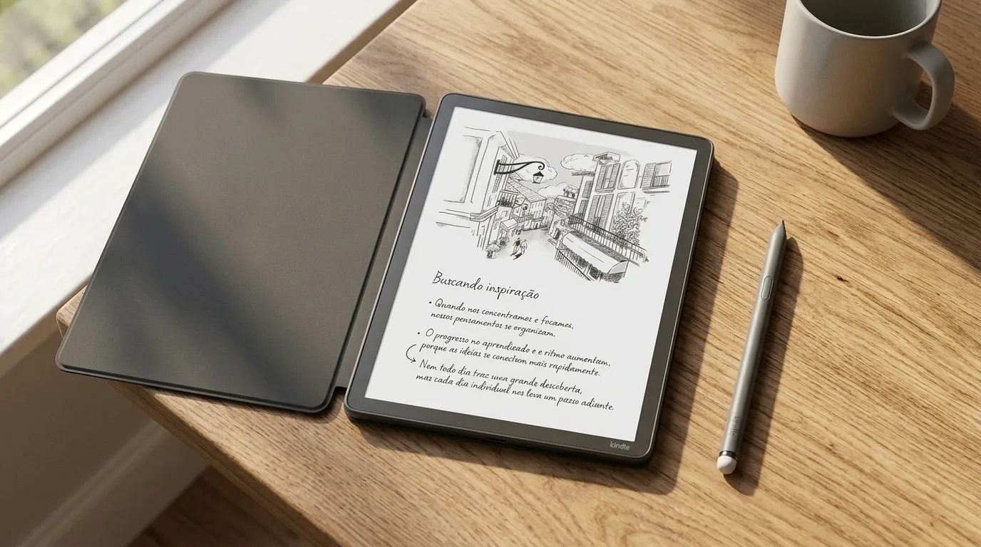 Kindle Scribe sem luz frontal com caneta sobre mesa iluminada com luz natural do dia