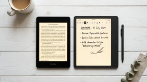 Kindle Scribe com caneta e Kindle Paperwhite lado a lado mostrando a diferença de tamanho entre as telas de 11 e 7 polegadas