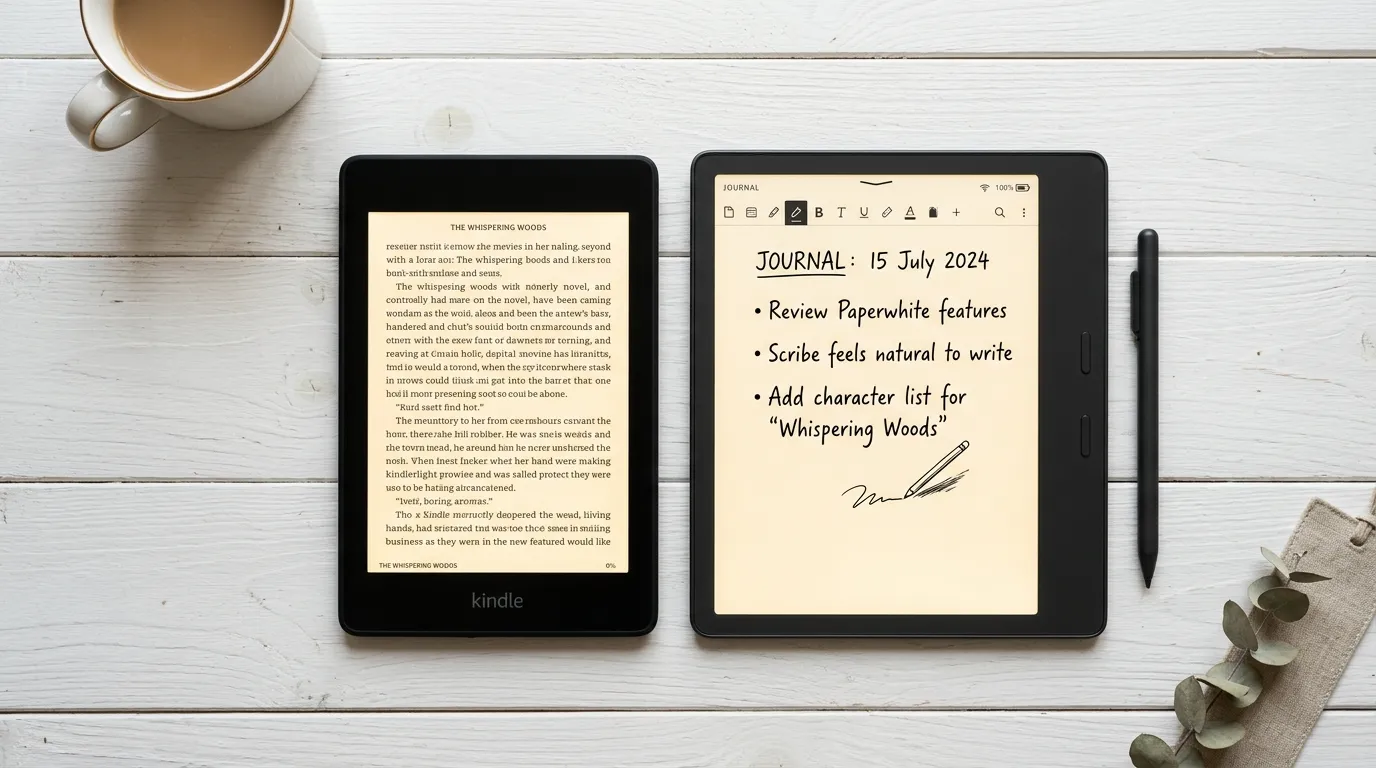 Kindle Scribe com caneta e Kindle Paperwhite lado a lado mostrando a diferença de tamanho entre as telas de 11 e 7 polegadas