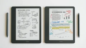 Kindle Scribe 32GB e Kindle Scribe Colorsoft lado a lado mostrando anotações em preto e branco e em cores nas telas de 11 polegadas