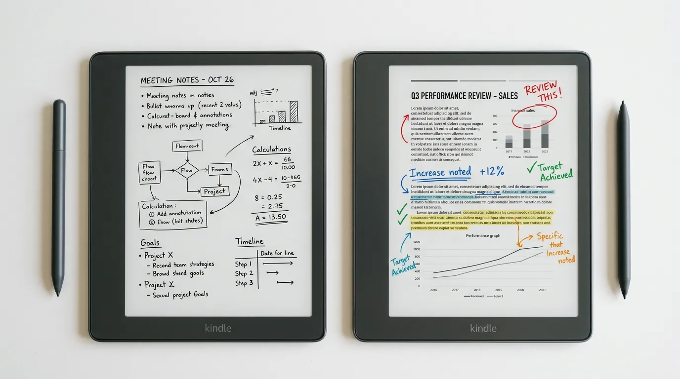 Kindle Scribe 32GB e Kindle Scribe Colorsoft lado a lado mostrando anotações em preto e branco e em cores nas telas de 11 polegadas