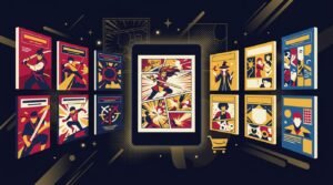 Kindle exibindo página de mangá com volumes flutuando ao redor representando a loja de mangá da Amazon Brasil — ilustração do artigo do Seu Universo de Leitura.