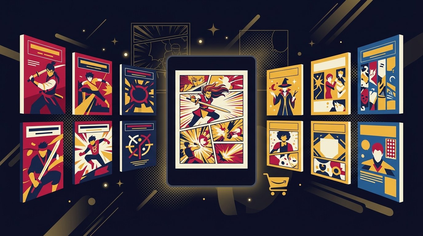 Kindle exibindo página de mangá com volumes flutuando ao redor representando a loja de mangá da Amazon Brasil — ilustração do artigo do Seu Universo de Leitura.