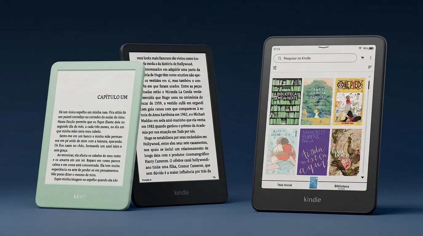 Kindle 16GB verde, Kindle Paperwhite preto e Kindle Colorsoft com biblioteca colorida na tela — guia completo de qual Kindle comprar