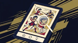 Kindle exibindo página de mangá com ícones de zoom, luz quente e orientação de tela — ilustração do artigo como ler mangá no Kindle.