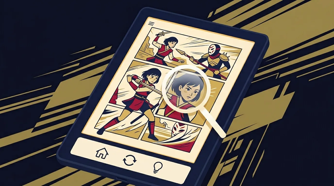 Kindle exibindo página de mangá com ícones de zoom, luz quente e orientação de tela — ilustração do artigo como ler mangá no Kindle.