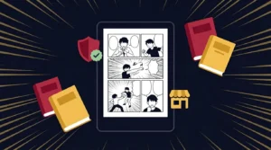 Kindle exibindo página de mangá com ícones de selo de legalidade e loja digital — ilustração do artigo onde baixar mangás legalmente no Brasil.