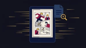 Kindle exibindo página de mangá em formato PDF com ícone de documento e lupa de zoom — ilustração do artigo PDF de mangá no Kindle do Seu Universo de Leitura.
