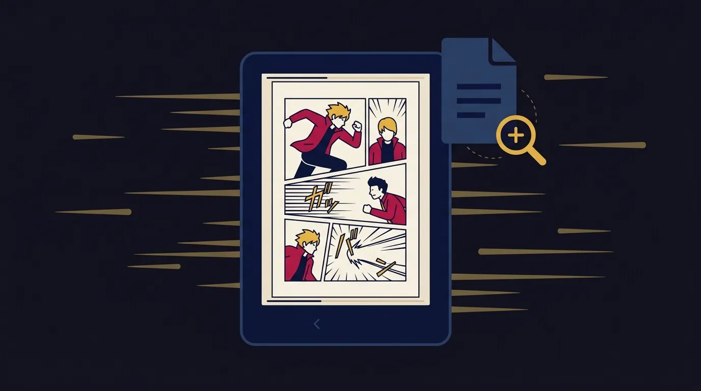 Kindle exibindo página de mangá em formato PDF com ícone de documento e lupa de zoom — ilustração do artigo PDF de mangá no Kindle do Seu Universo de Leitura.