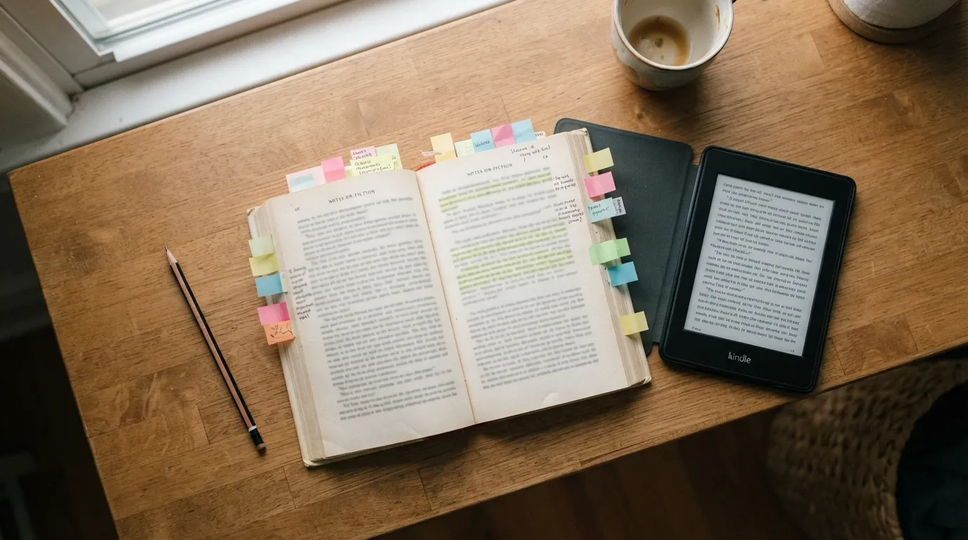 Livro aberto com anotações e Kindle sobre mesa de madeira — guia completo das 4 estratégias de leitura: skimming, scanning, intensiva e extensiva.