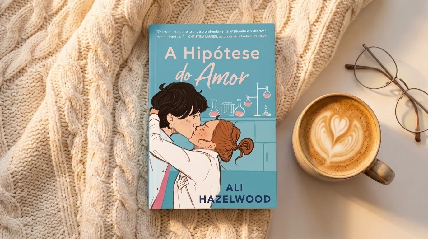 Livro A Hipótese do Amor de Ali Hazelwood sobre tecido felpudo com café ao lado — resenha completa, sinopse e tudo sobre o filme no Prime Video em setembro de 2026.