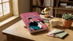 Livro sobre mesa aconchegante com café e planta — resenha de A Razão do Amor de Ali Hazelwood, fenômeno do BookTok.