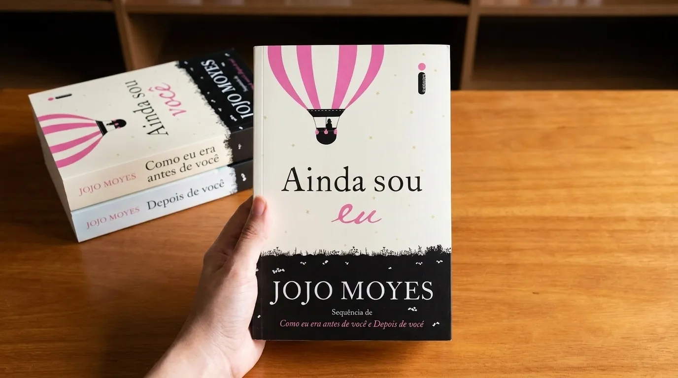 Mão segurando Ainda Sou Eu de Jojo Moyes com os 3 livros da trilogia empilhados ao fundo sobre mesa de madeira — resenha completa do encerramento da série e onde comprar no Kindle.