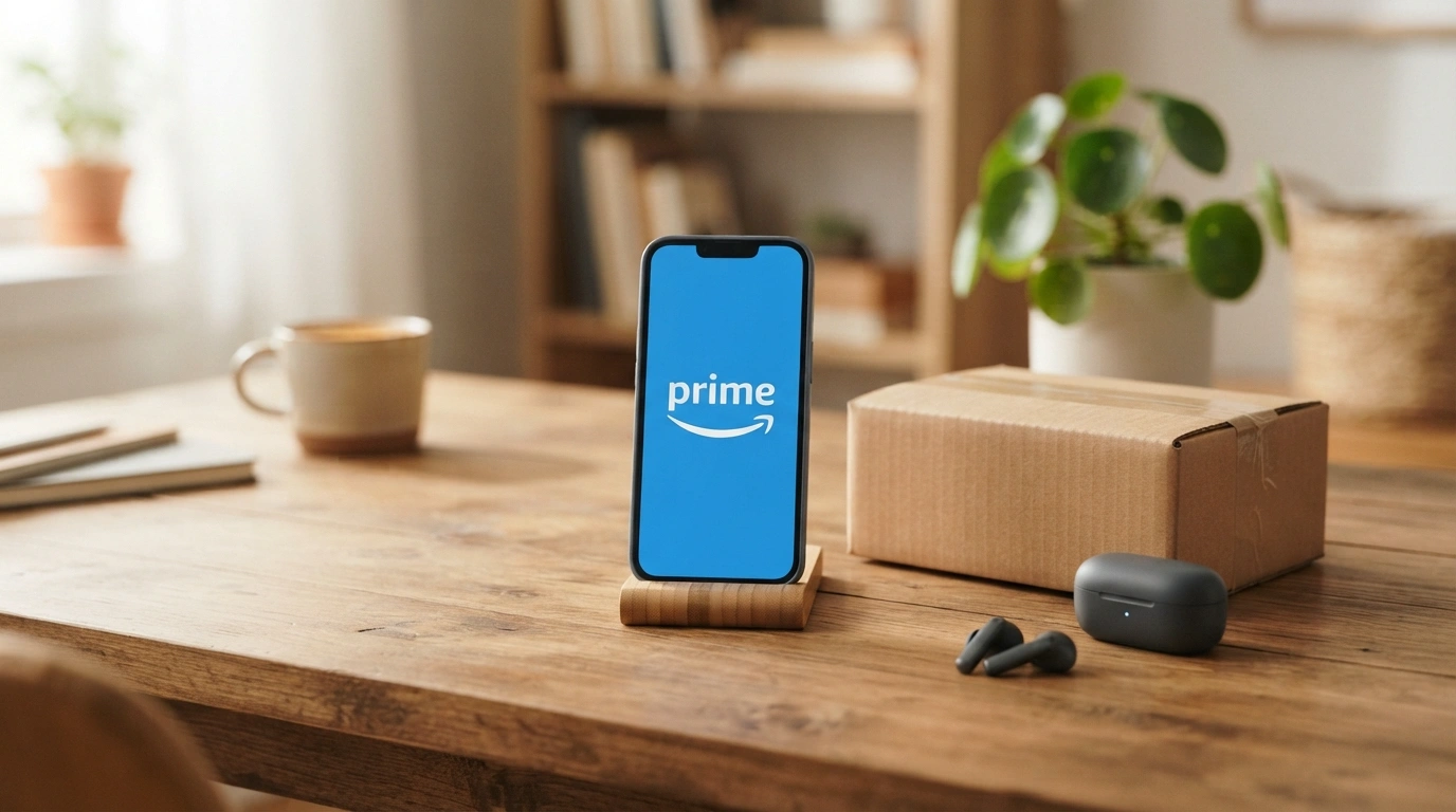 Smartphone com Amazon Prime ao lado de caixa de entrega e fone de ouvido — tudo sobre benefícios, preço e como cancelar o Amazon Prime no Brasil em 2026.